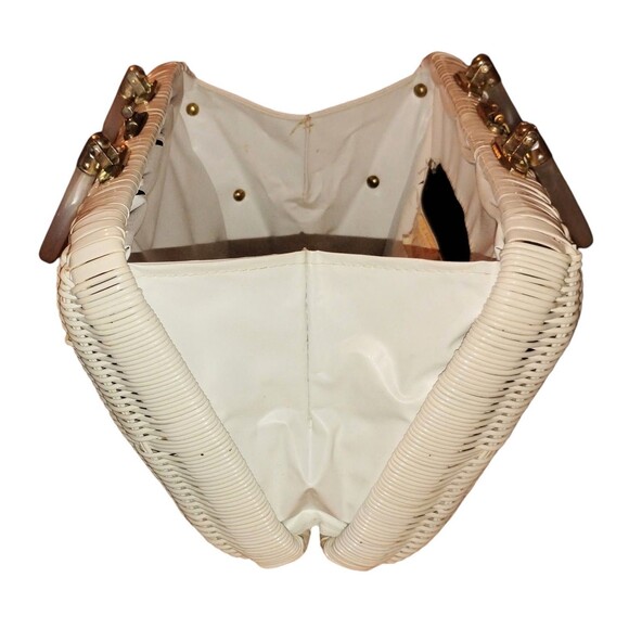 Vintage White Wicker Purse w/Pearl Lucite Handles Mid Century Modern Hong Kong - Picture 13 of 16